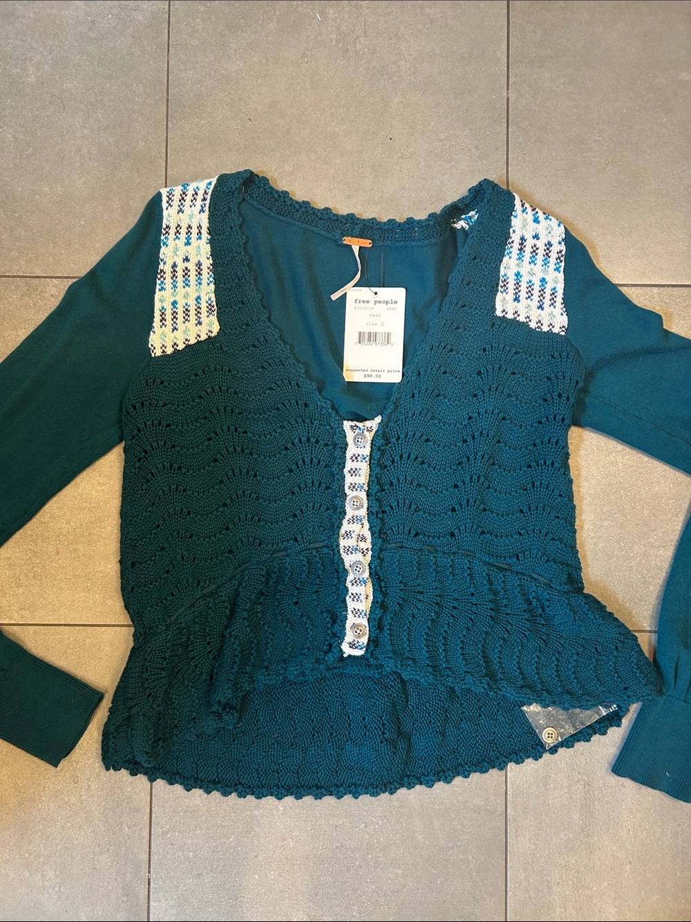 Free People Long Sleeve Cotton Crocheted Sweater